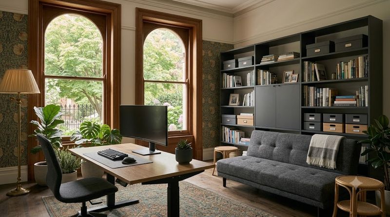 Compact Melbourne apartment with electric standing desk, modular bookshelf storage, and sofa bed — multifunctional modular furniture trend 2026