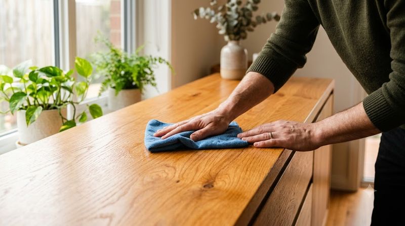 Person wiping a secondhand solid timber sideboard with a barely damp microfibre cloth — how to clean timber furniture correctly