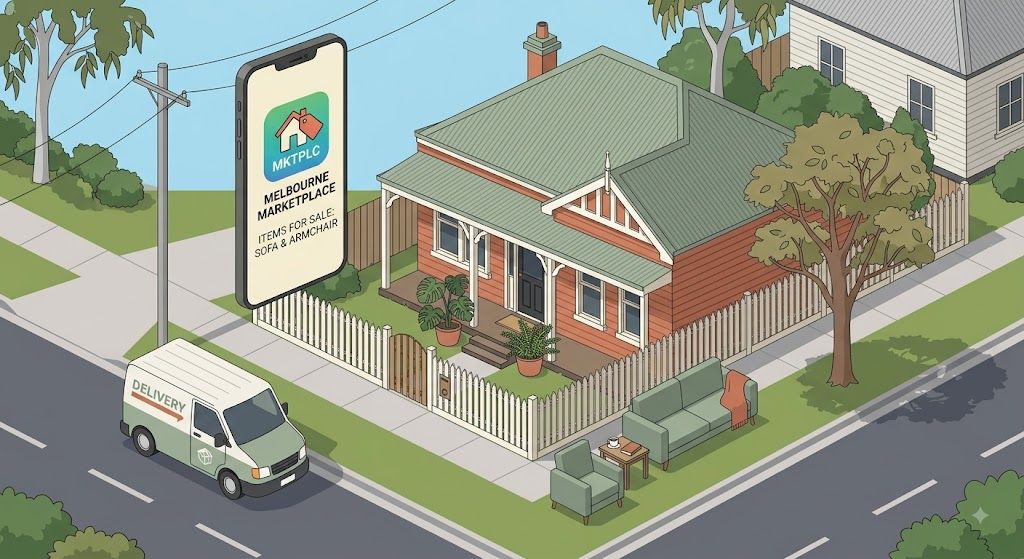 Isometric illustration of furniture set outside a Melbourne house with a delivery van and marketplace app icon, representing different ways to sell furniture