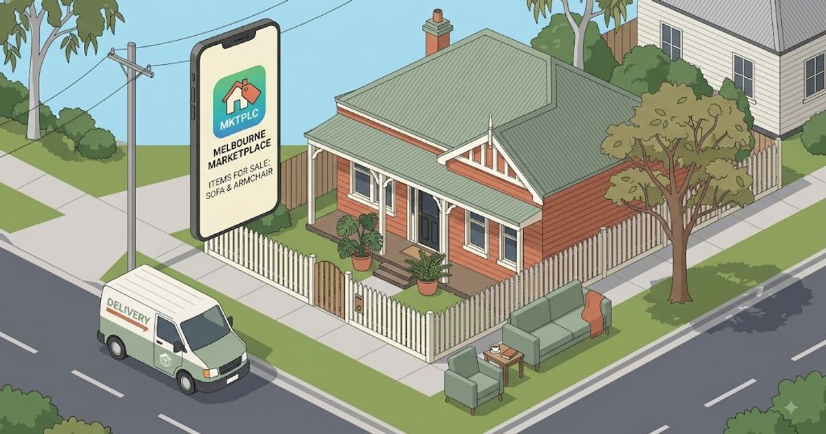 Isometric illustration of furniture set outside a Melbourne house with a delivery van and marketplace app icon, representing different ways to sell furniture