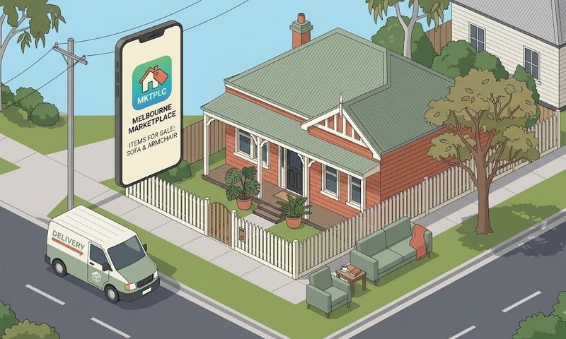 Isometric illustration of furniture set outside a Melbourne house with a delivery van and marketplace app icon, representing different ways to sell furniture