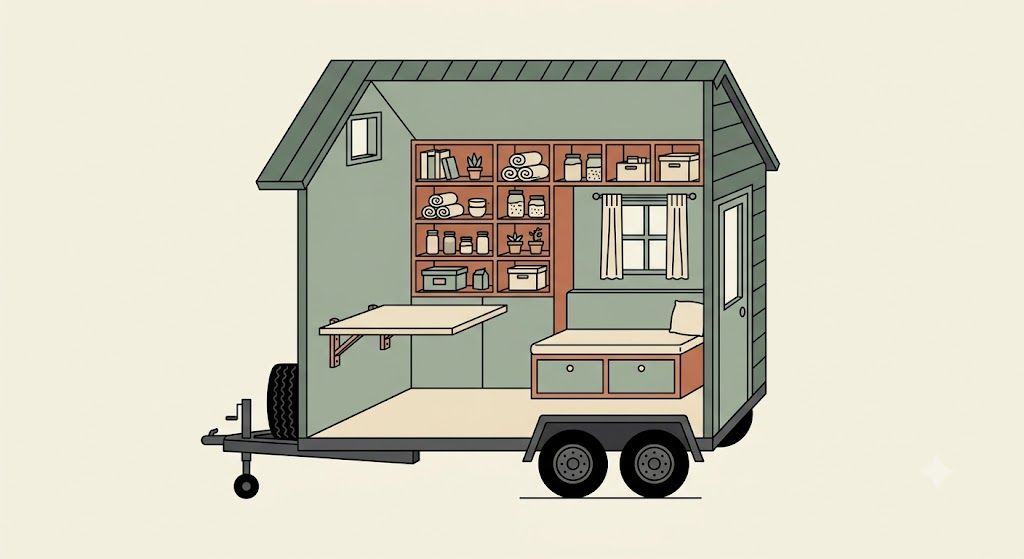 Line illustration of lightweight tiny home furniture with fold-down table and storage bench inside a compact Melbourne tiny home