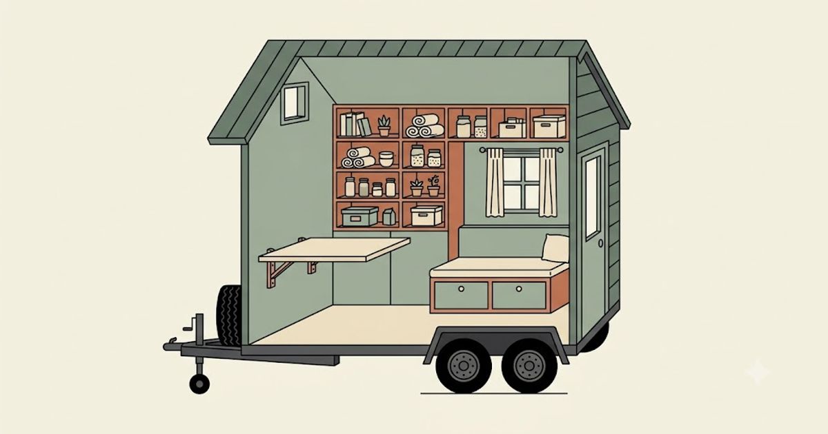 Line illustration of lightweight tiny home furniture with fold-down table and storage bench inside a compact Melbourne tiny home
