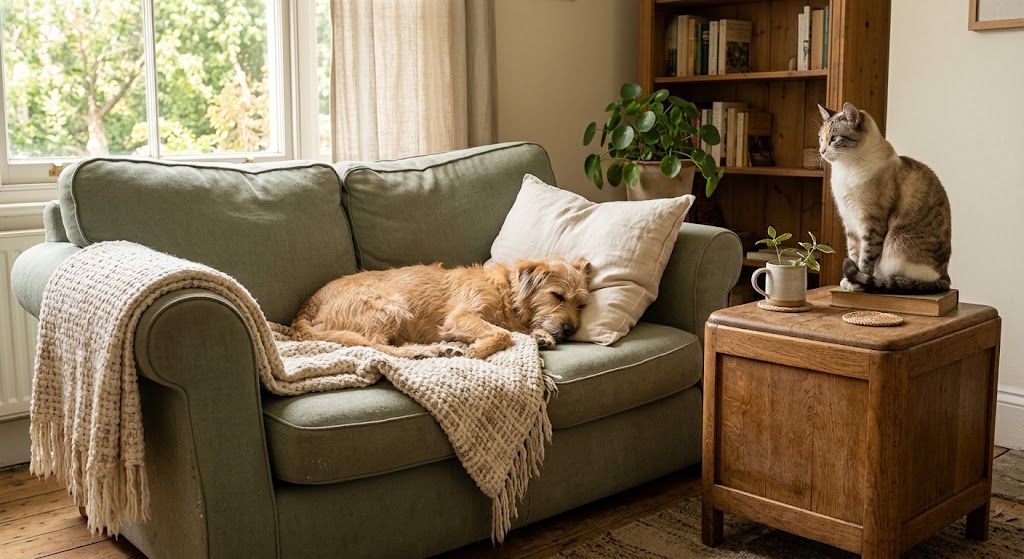A dog and cat relaxing on secondhand furniture chosen for durability