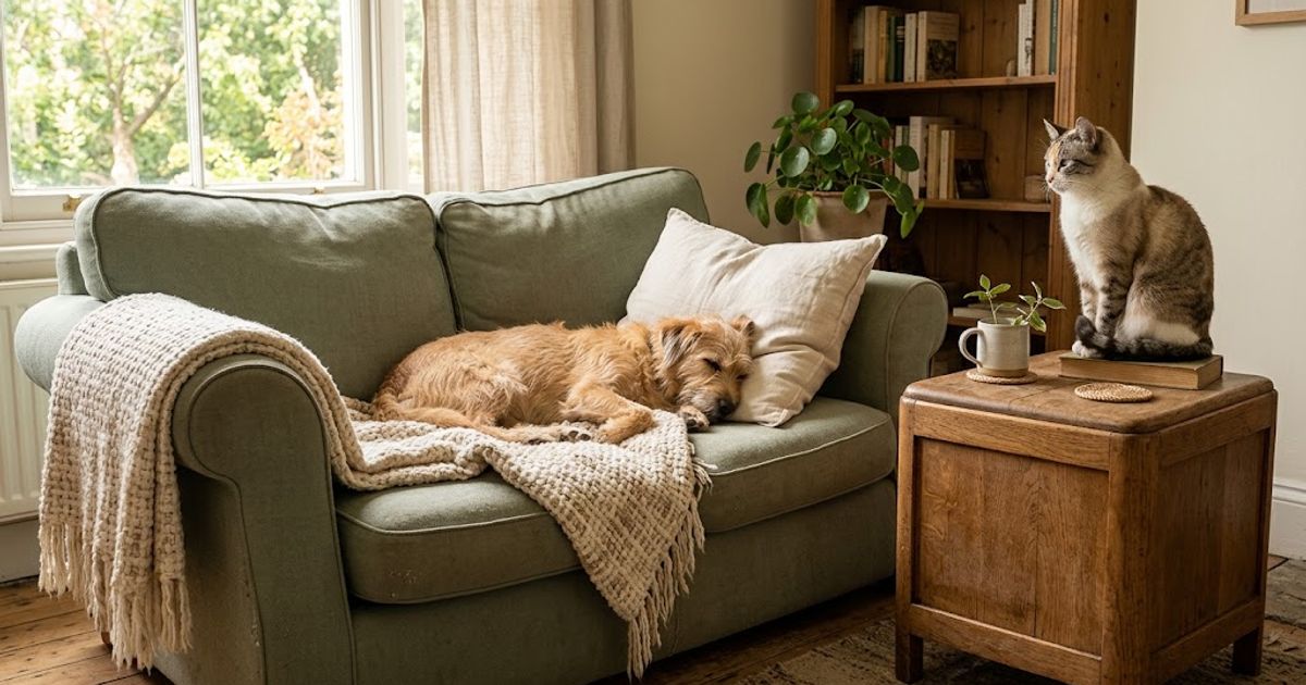 A dog and cat relaxing on secondhand furniture chosen for durability
