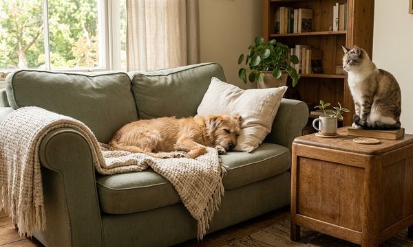 A dog and cat relaxing on secondhand furniture chosen for durability