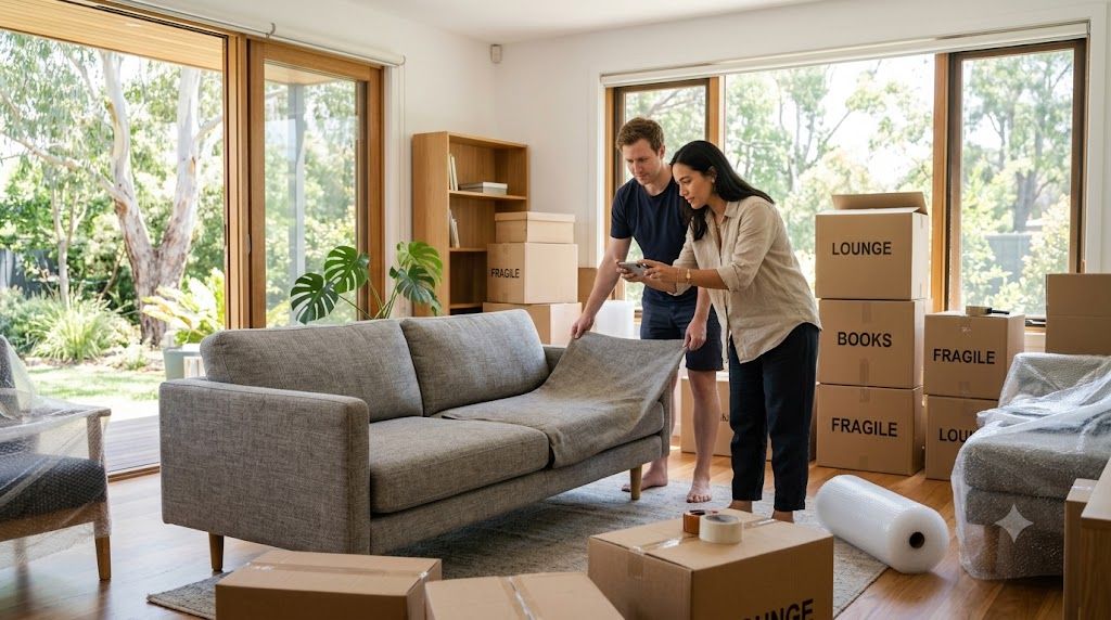 Couple photographing a sofa for sale in a Melbourne living room with moving boxes stacked behind them
