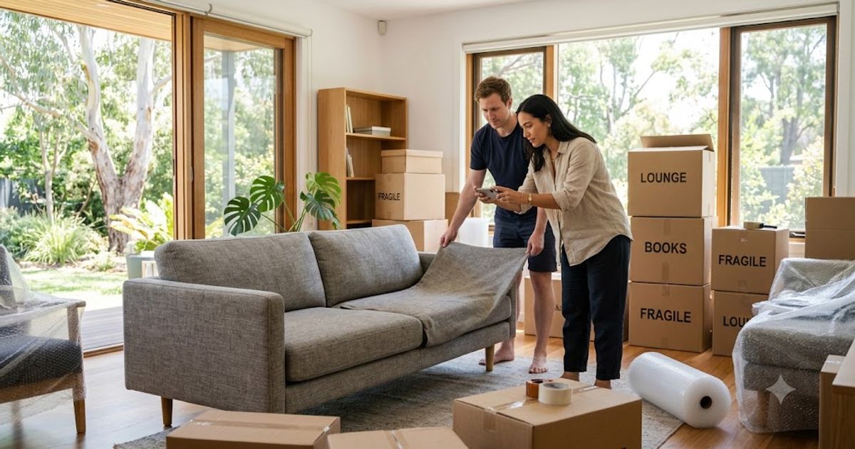 Couple photographing a sofa for sale in a Melbourne living room with moving boxes stacked behind them