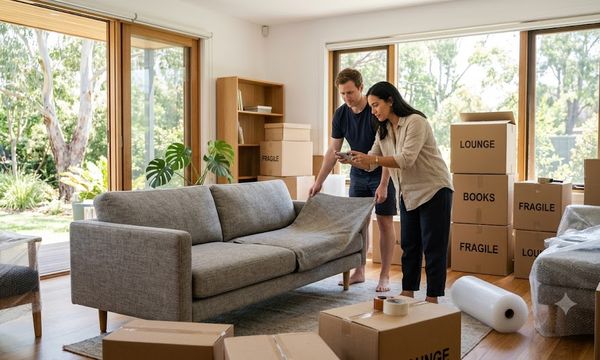 Couple photographing a sofa for sale in a Melbourne living room with moving boxes stacked behind them