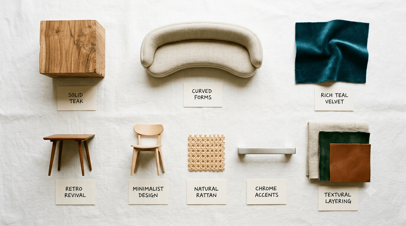 Flat lay of eight objects representing Australia's 2026 furniture trends — teak timber, curved linen sofa, teal velvet, layered textures, chrome hardware, rattan, Scandinavian chair, vintage teak table — Zirkly Trend Report 2026
