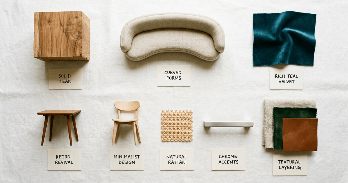 Flat lay of eight objects representing Australia's 2026 furniture trends — teak timber, curved linen sofa, teal velvet, layered textures, chrome hardware, rattan, Scandinavian chair, vintage teak table — Zirkly Trend Report 2026