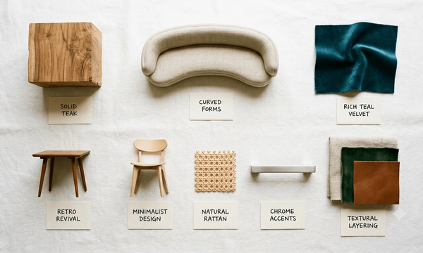 Flat lay of eight objects representing Australia's 2026 furniture trends — teak timber, curved linen sofa, teal velvet, layered textures, chrome hardware, rattan, Scandinavian chair, vintage teak table — Zirkly Trend Report 2026
