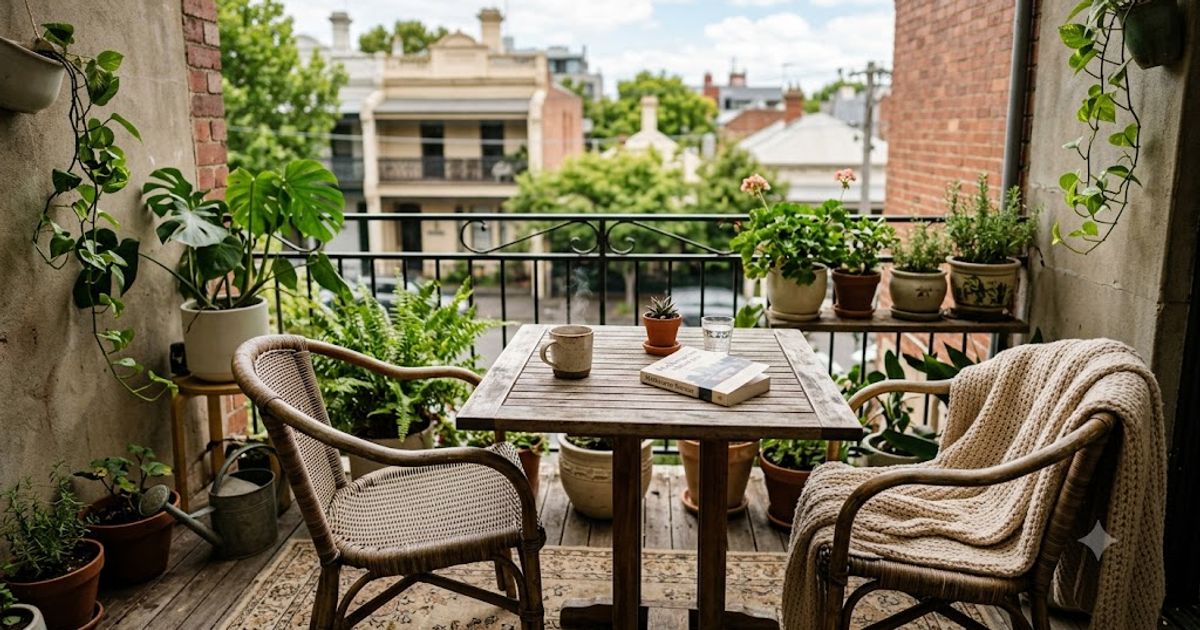 Secondhand teak bistro table and rattan chairs styled on a sunlit Melbourne apartment balcony