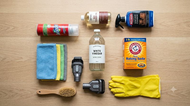 Cleaning kit flat lay for sanitising secondhand furniture — vacuum attachment, microfibre cloths, white vinegar, baking soda, upholstery cleaner, timber oil and rubber gloves on a white surface