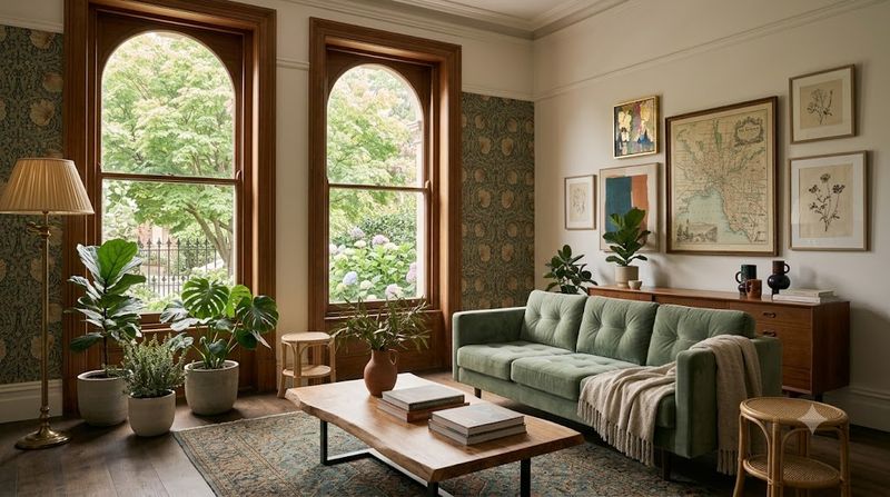 Richly layered Melbourne living room with sage green velvet sofa, leather armchair, cane side table, patterned rug, and eclectic artwork — maximalist layered texture furniture trend 2026