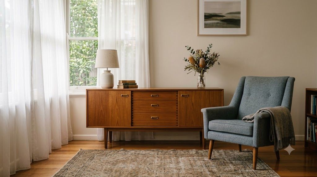 Sunlit empty living room in an older Melbourne home with a timber sideboard and armchair waiting to be sorted