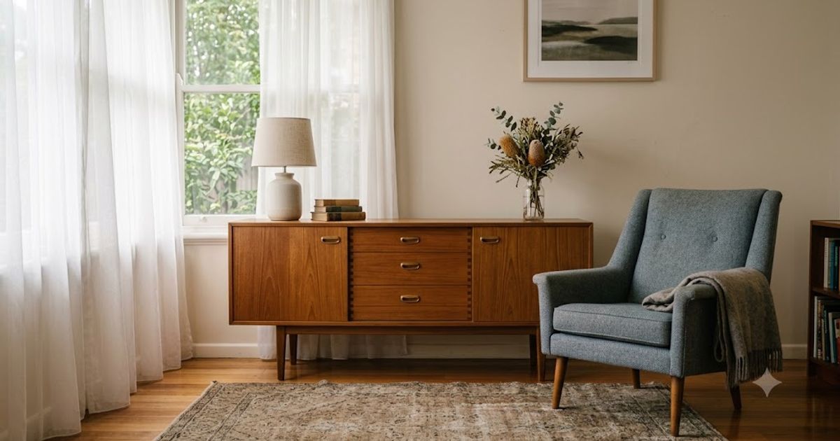 Sunlit empty living room in an older Melbourne home with a timber sideboard and armchair waiting to be sorted