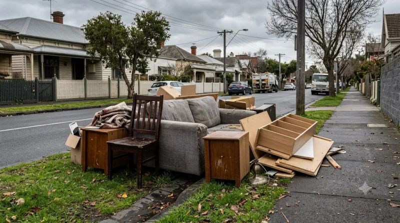 Discarded furniture piled on a Melbourne kerbside — sofas, chairs, and timber pieces left for collection — illustrating Australia's furniture waste problem