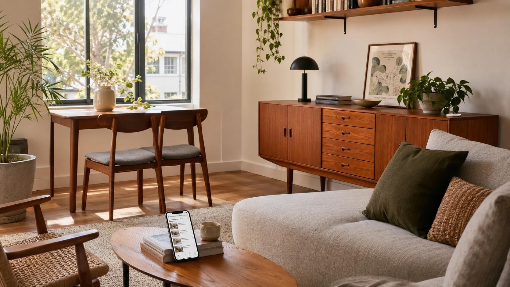 Melbourne apartment furnished with secondhand peer-to-peer furniture finds — Danish teak sideboard, linen sofa, mid-century dining chairs — best places to buy secondhand furniture Melbourne guide