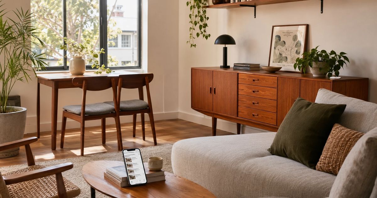 Melbourne apartment furnished with secondhand peer-to-peer furniture finds — Danish teak sideboard, linen sofa, mid-century dining chairs — best places to buy secondhand furniture Melbourne guide