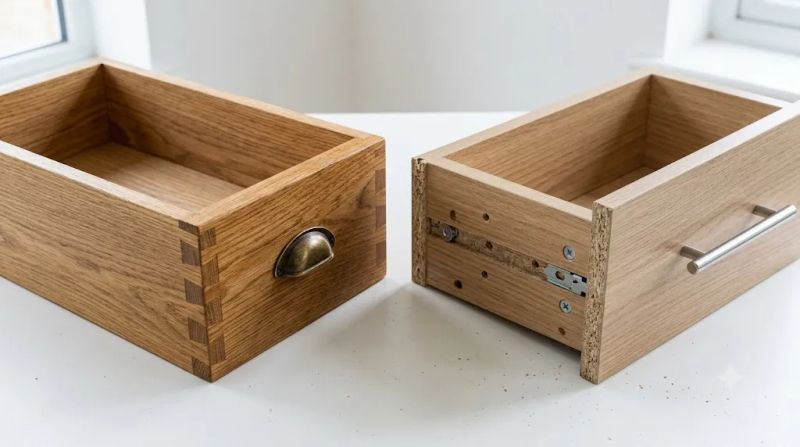 Close-up of solid oak drawer with dovetail joinery beside a flat-pack MDF drawer — secondhand furniture quality comparison