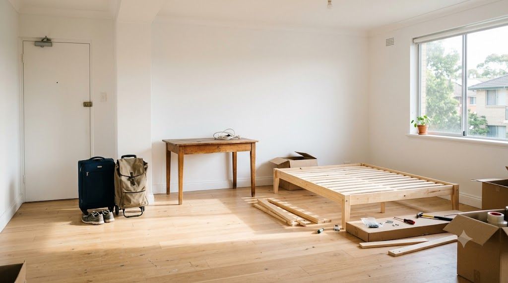 A student's empty room with a secondhand desk and bed frame being set up, suitcases still by the door