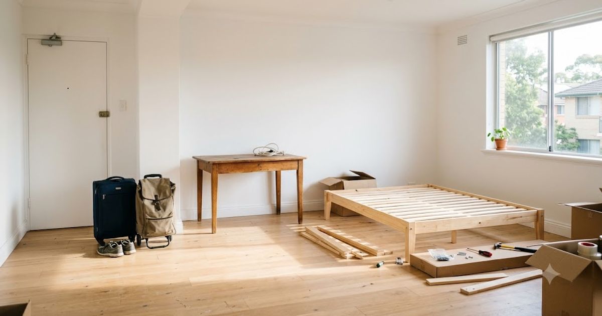 A student's empty room with a secondhand desk and bed frame being set up, suitcases still by the door