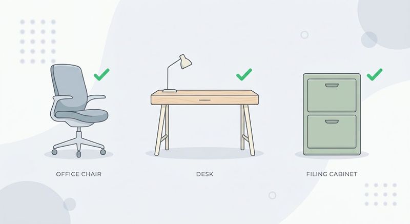 Illustration of an office chair, desk and filing cabinet with condition-check icons before listing for sale