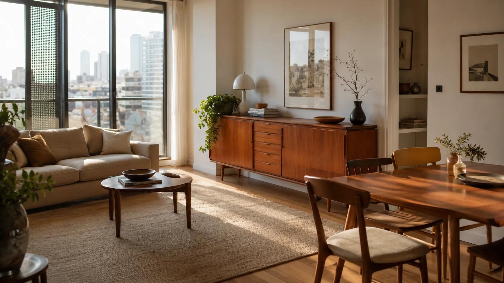 Solid timber Danish teak sideboard and secondhand dining set in a Melbourne apartment — why secondhand furniture is better than new