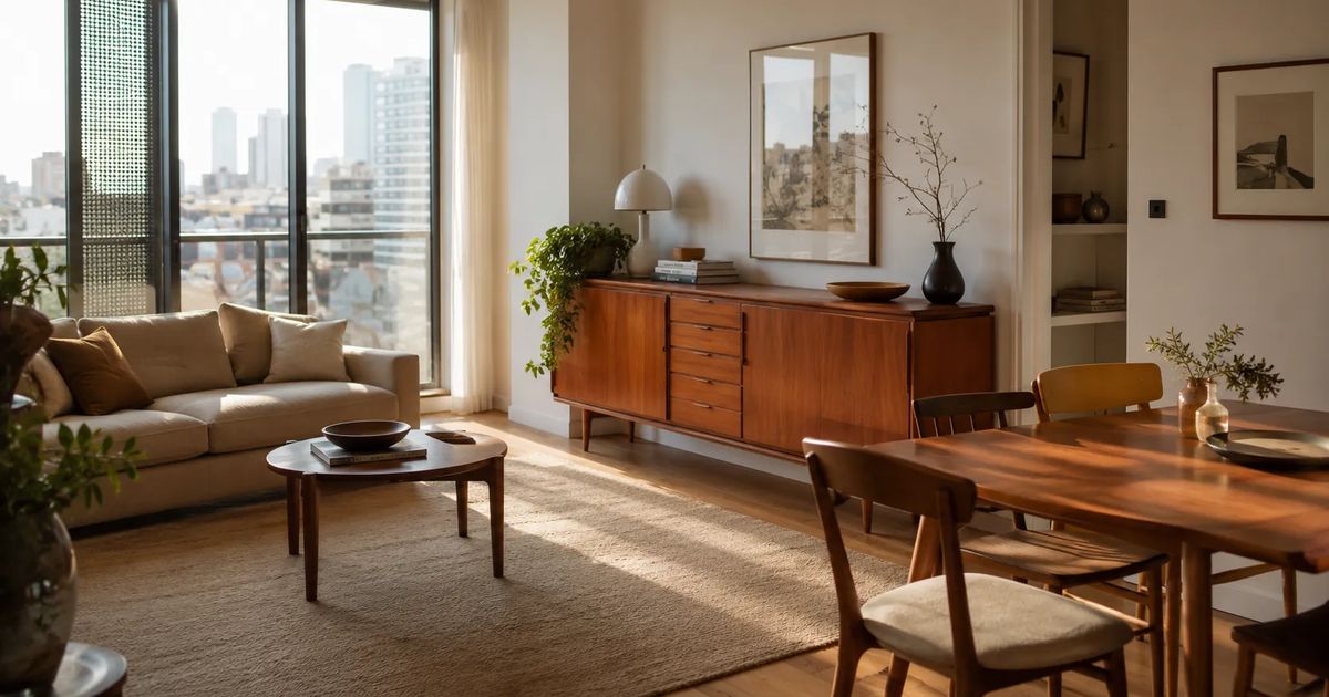 Solid timber Danish teak sideboard and secondhand dining set in a Melbourne apartment — why secondhand furniture is better than new