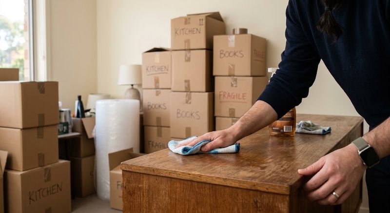 Cleaning underneath and behind a piece of furniture as part of an end-of-lease clean in a Melbourne rental