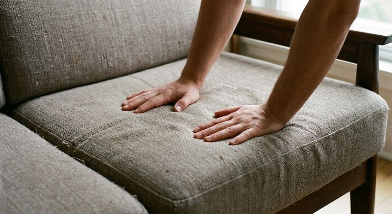 A buyer checking the frame and cushions of a secondhand sofa before purchase