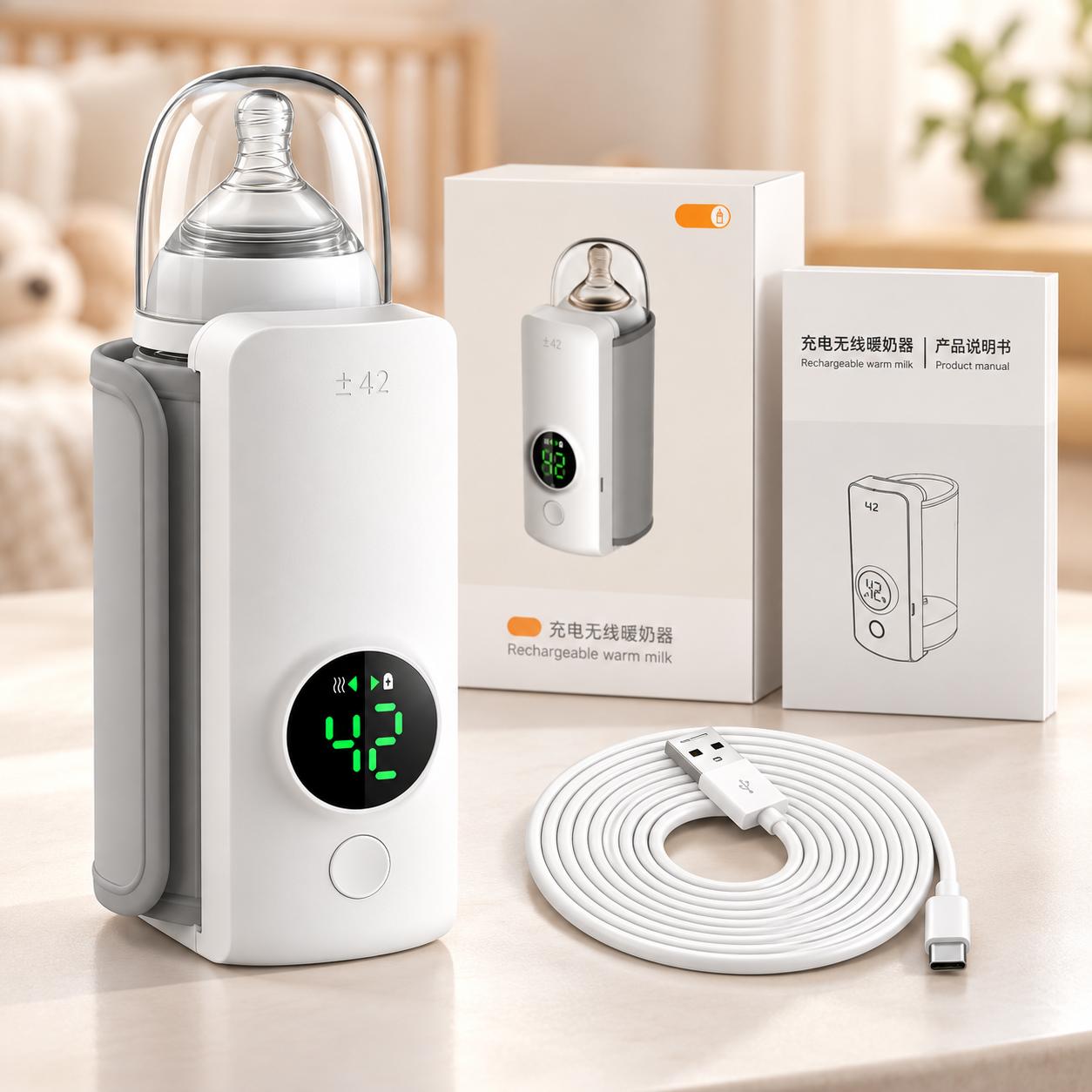 Calentador de biberones portátil con su caja, manual y cable de carga USB-C