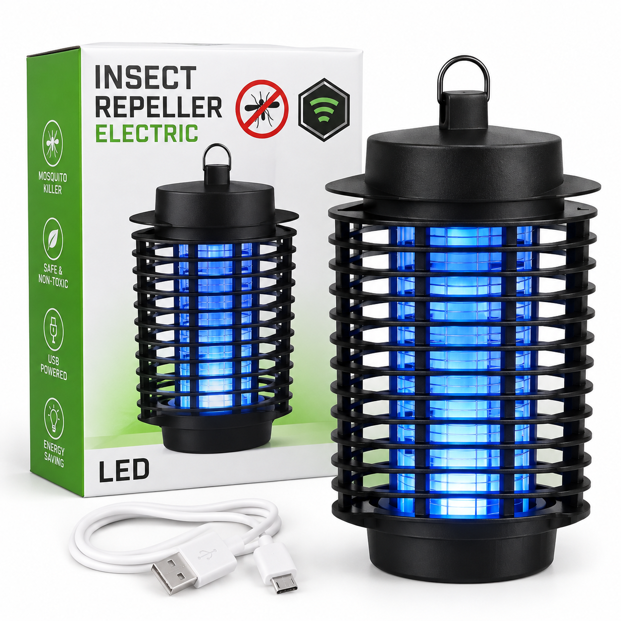 Lámpara mata mosquitos eléctrica negra con luz LED azul encendida, junto a su caja y el cable USB