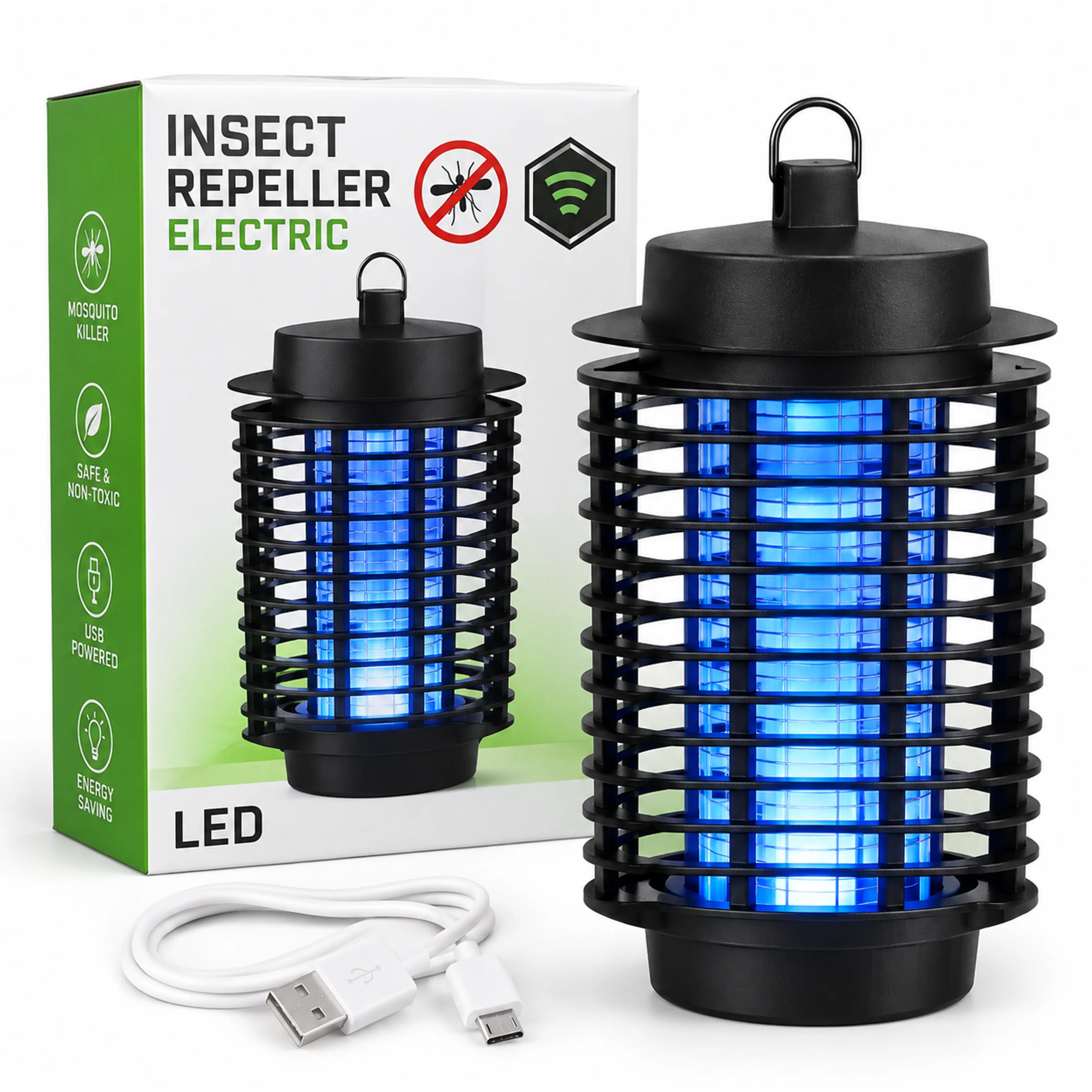Lámpara mata mosquitos eléctrica negra con luz LED azul encendida, junto a su caja y el cable USB