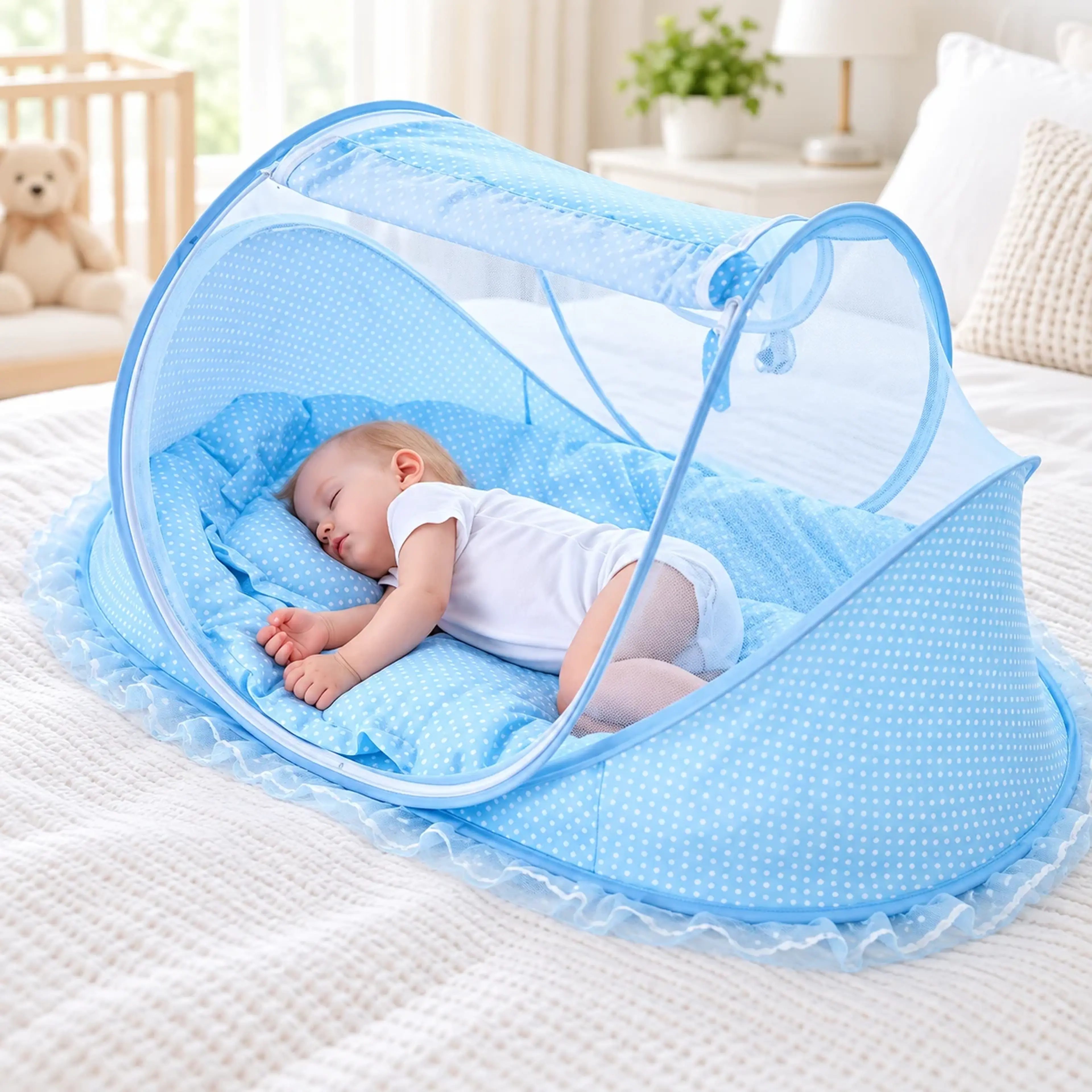 Mosquitero plegable para bebé color azul abierto sobre una cama, con un bebé durmiendo adentro