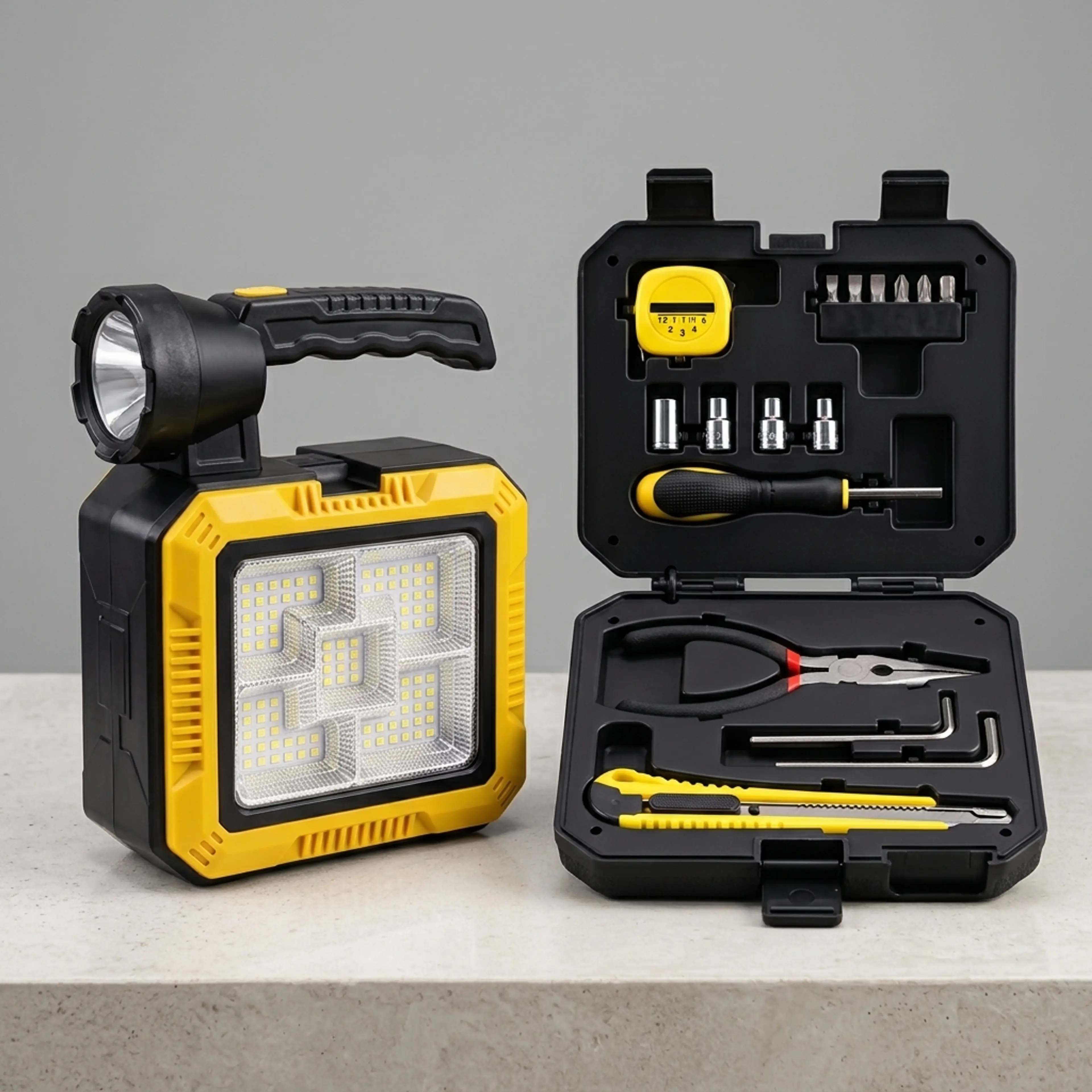 Lámpara solar portátil amarilla y negra con LED frontal y lateral, junto a su caja de herramientas abierta