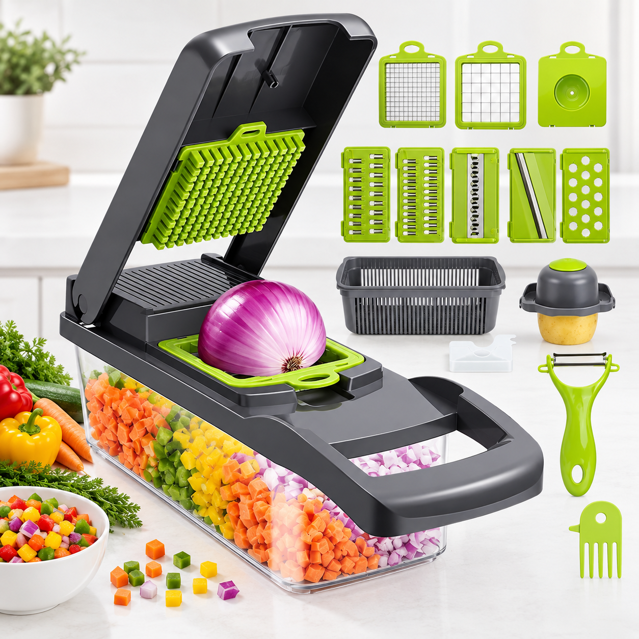 Cortador de verduras 16 en 1 gris y verde con una cebolla, recipiente con verduras picadas en cubos y sus cuchillas y accesorios