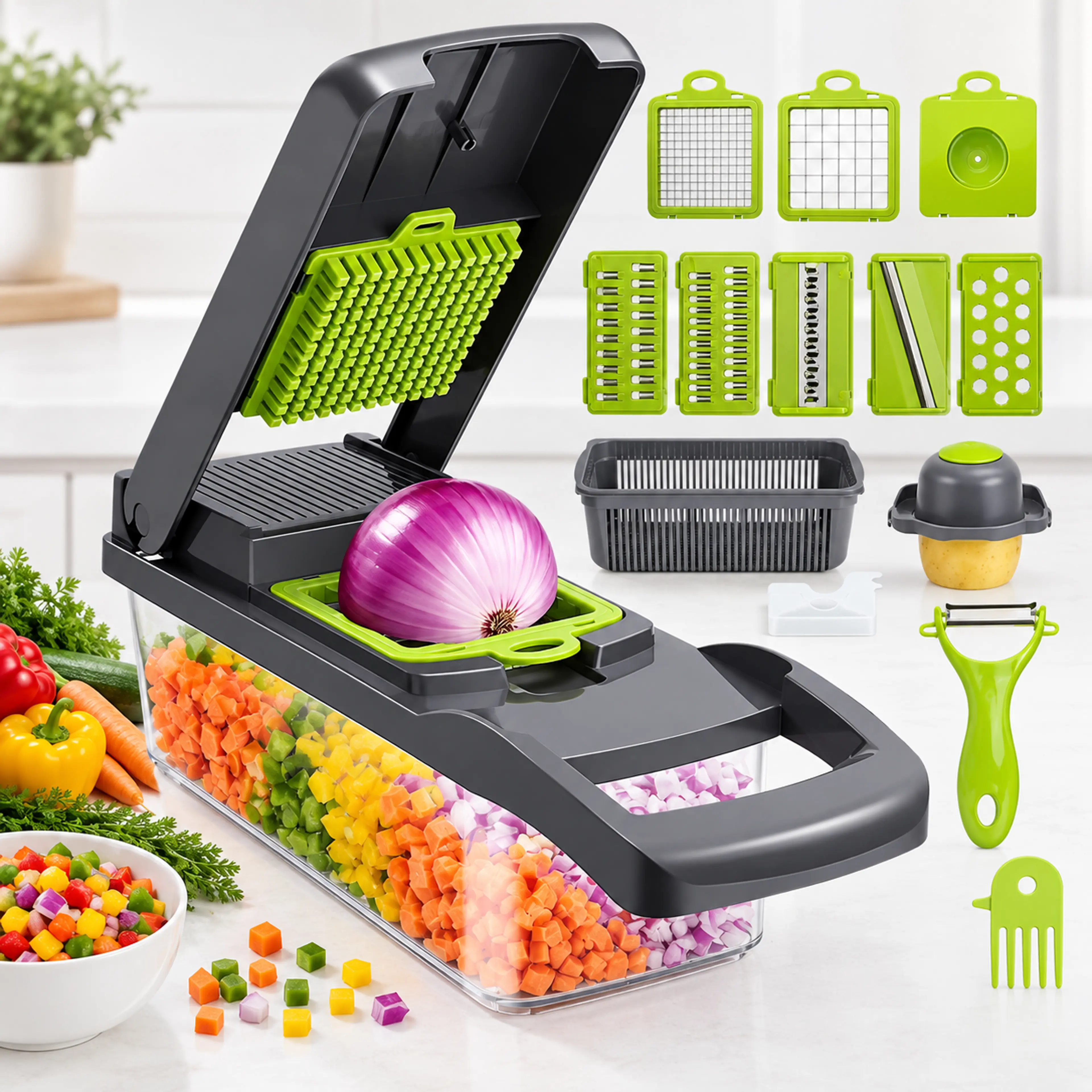 Cortador de verduras 16 en 1 gris y verde con una cebolla, recipiente con verduras picadas en cubos y sus cuchillas y accesorios