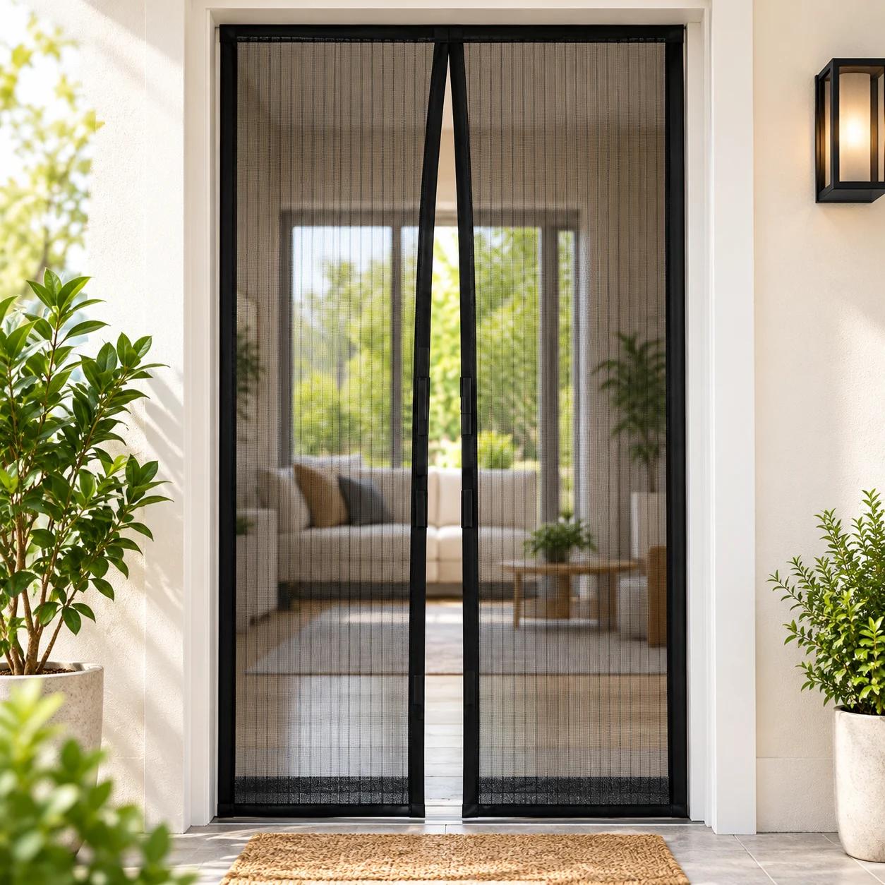 Puerta mosquitera magnética negra cerrada en la entrada de una casa