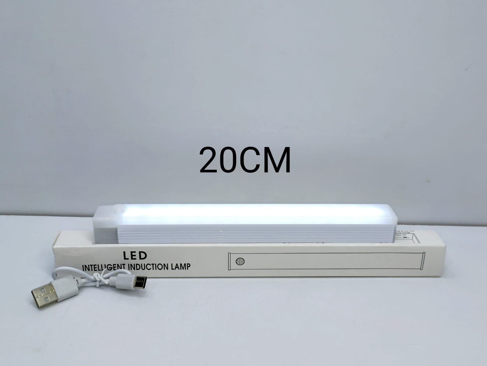 Luz LED recargable con sensor de movimiento de 20 cm encendida, sobre su caja, con el cable USB-C