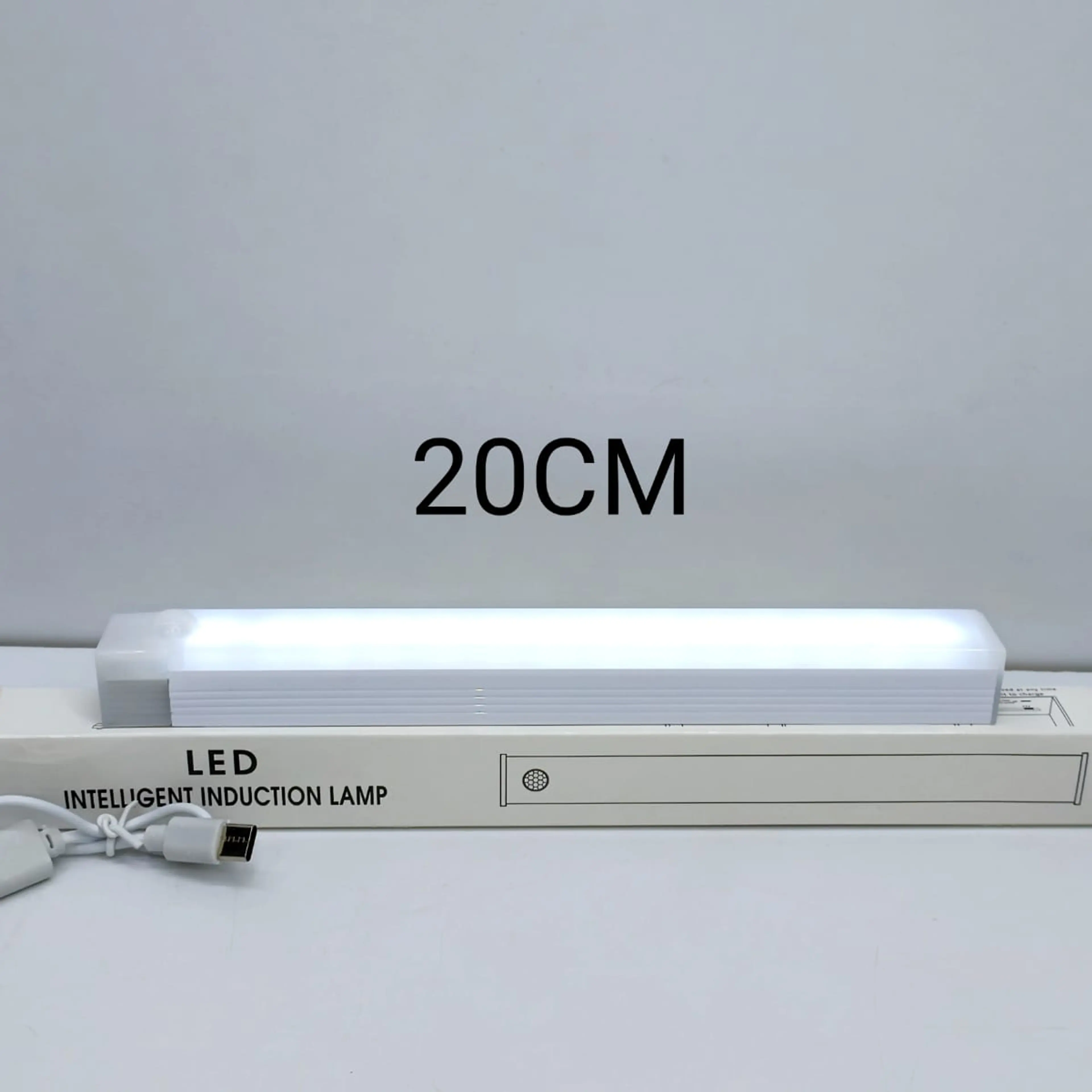 Luz LED recargable con sensor de movimiento de 20 cm encendida, sobre su caja, con el cable USB-C