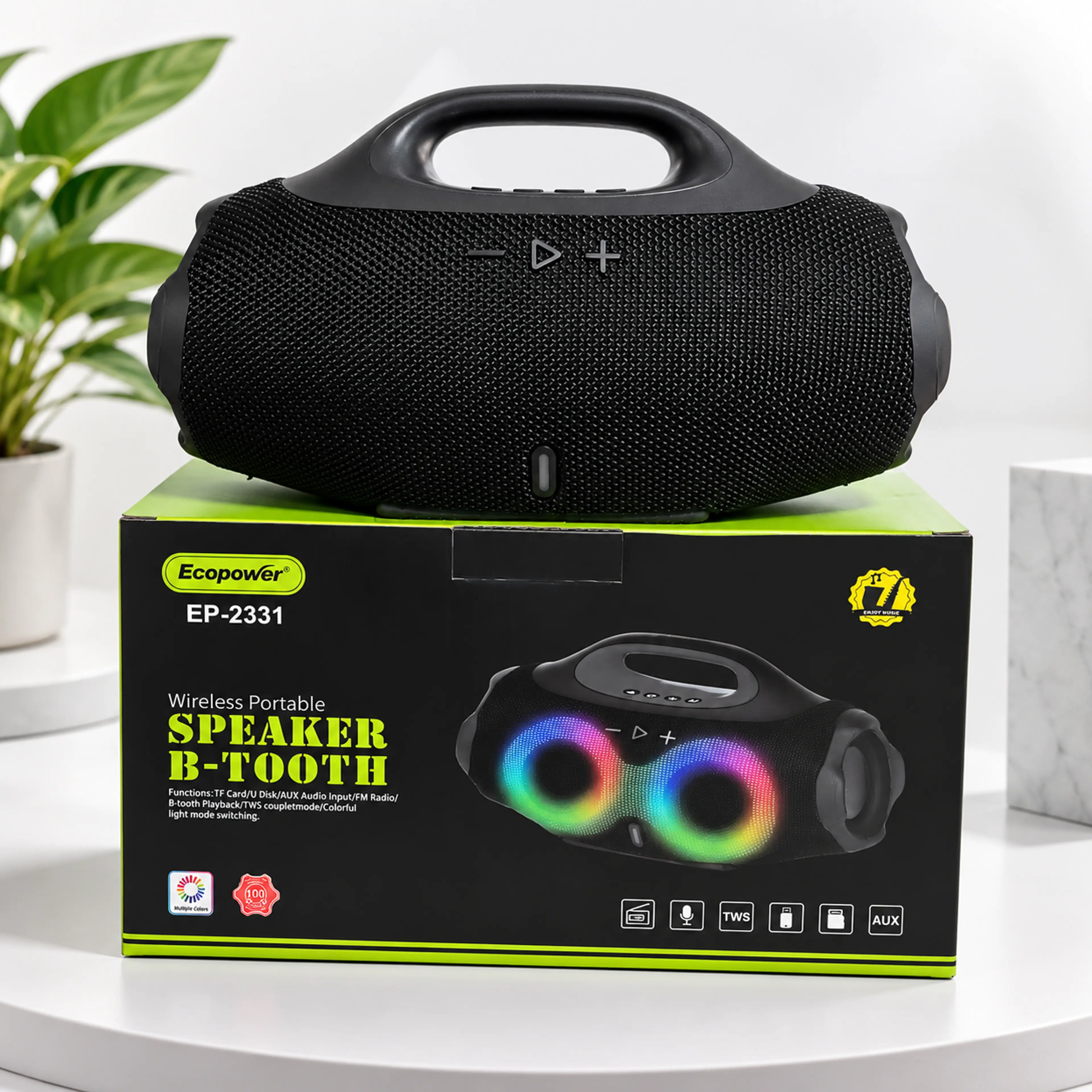 Parlante Bluetooth portátil Ecopower EP-2331 negro con manija, sobre su caja que lo muestra con luces de colores