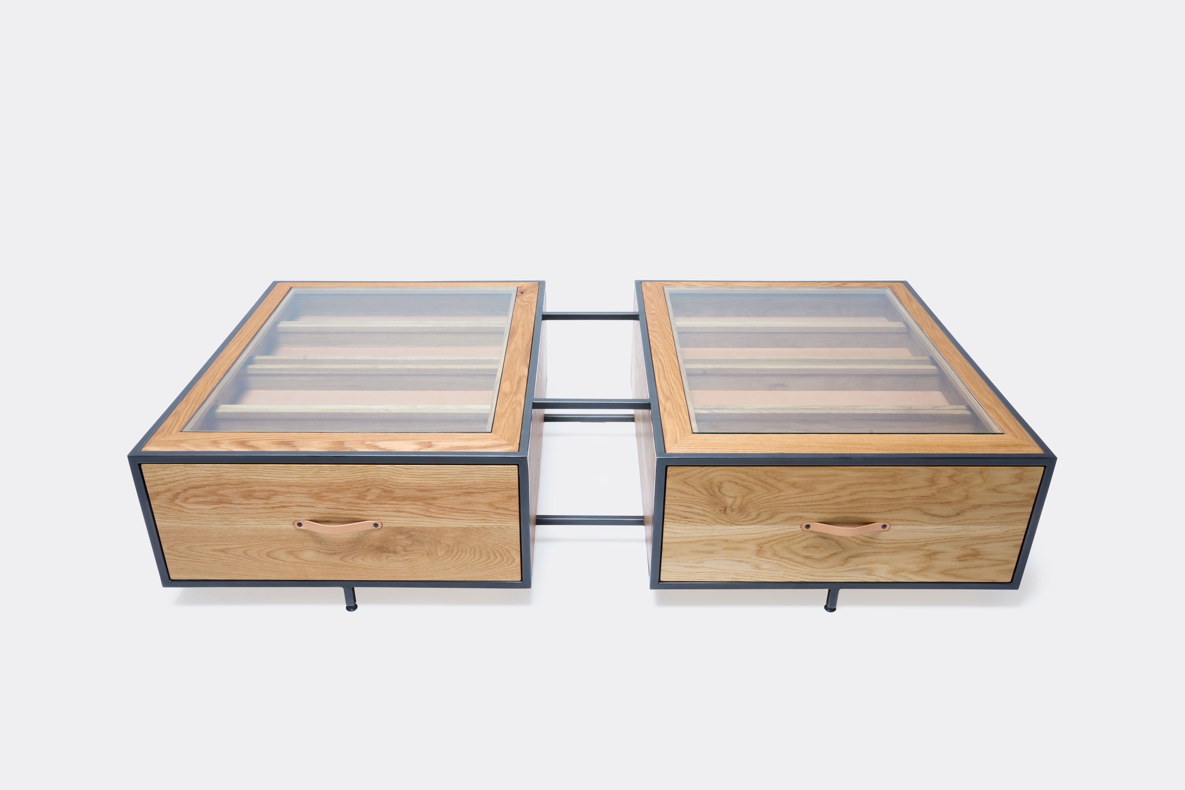 double display coffee table with white oak wood, blackened steel metal and glass top