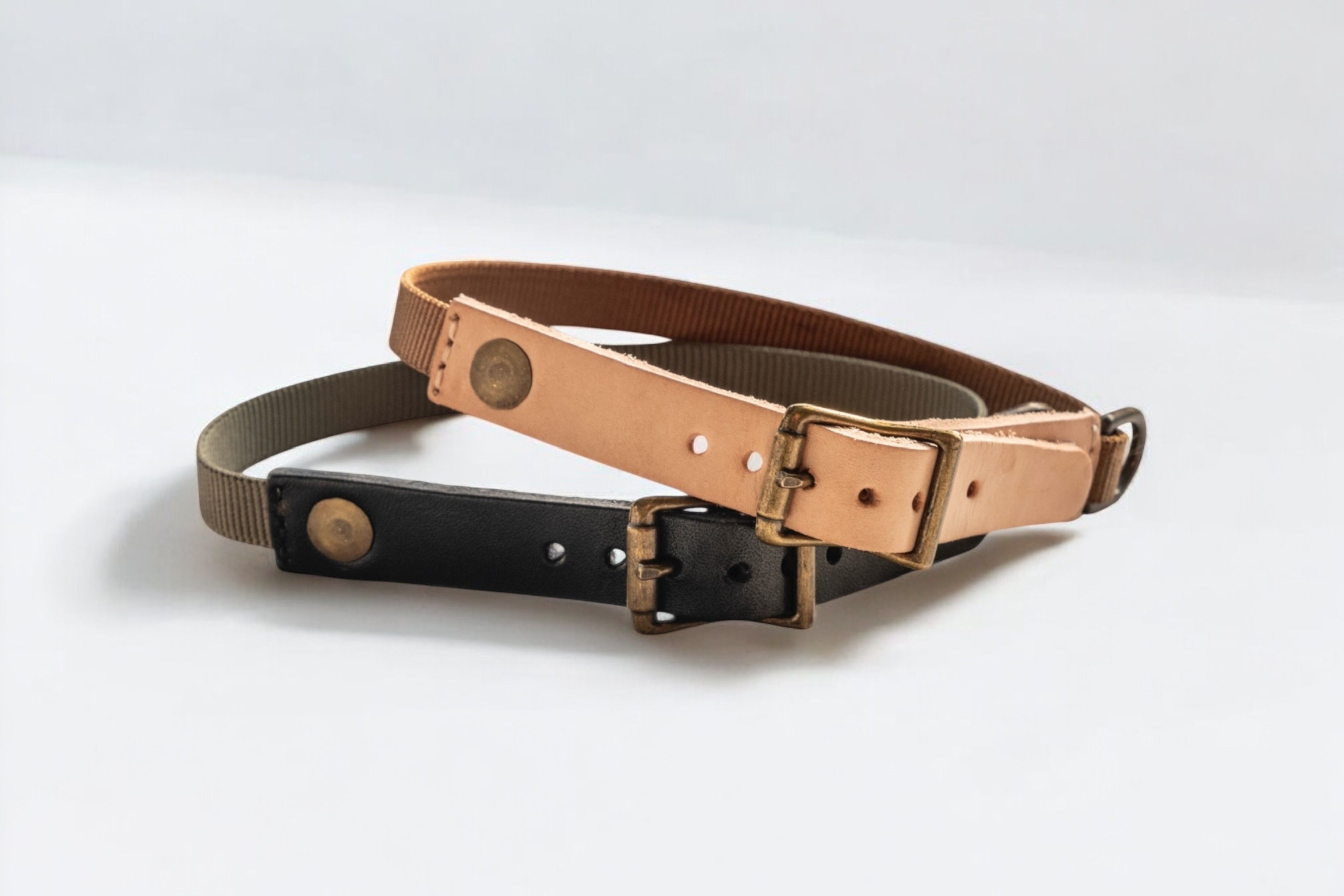 Two stacked collars, one natural leather and one black leather,both with brass buckles and rivets