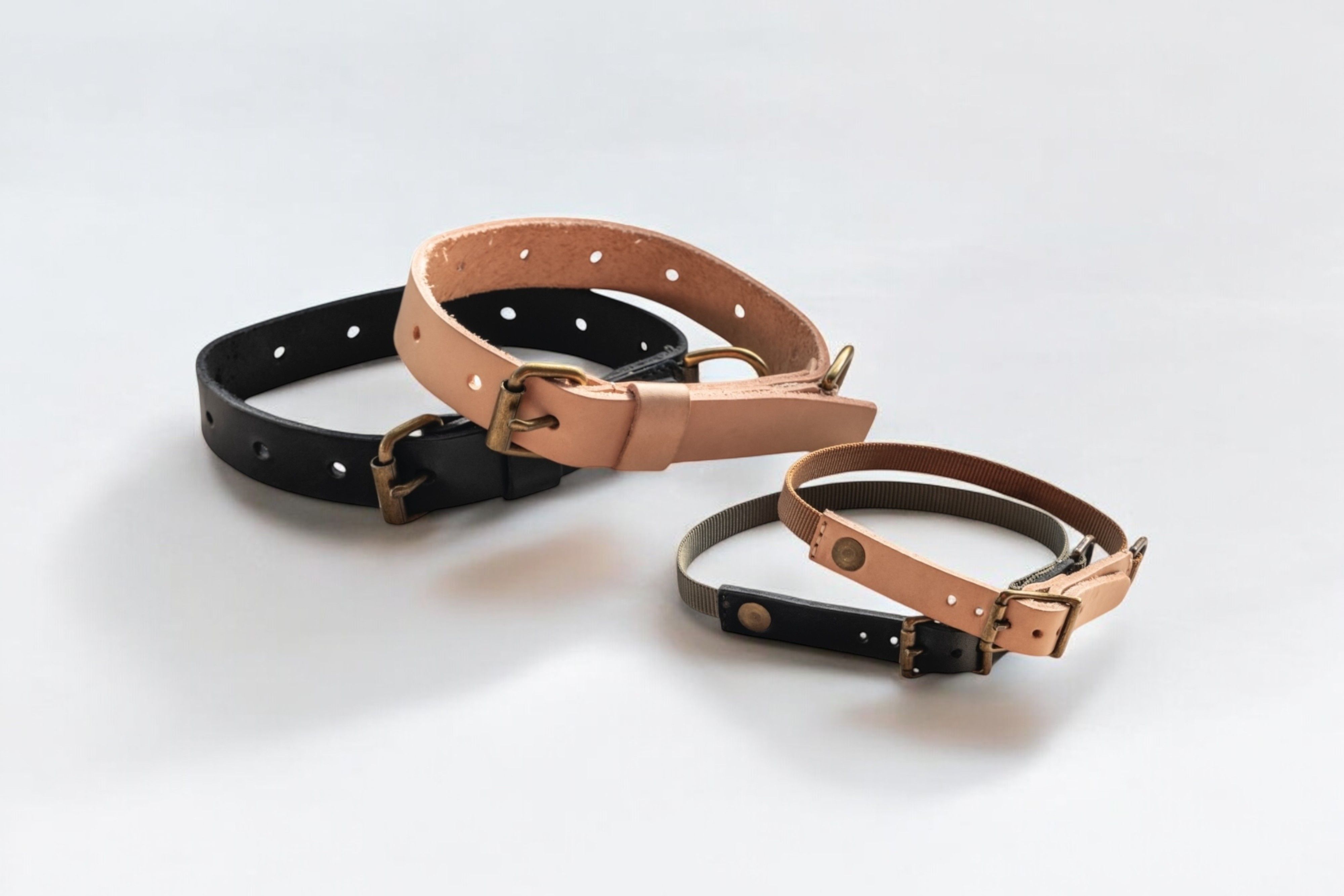Four leather collars in black, natural tan, and dark green with brass hardware.