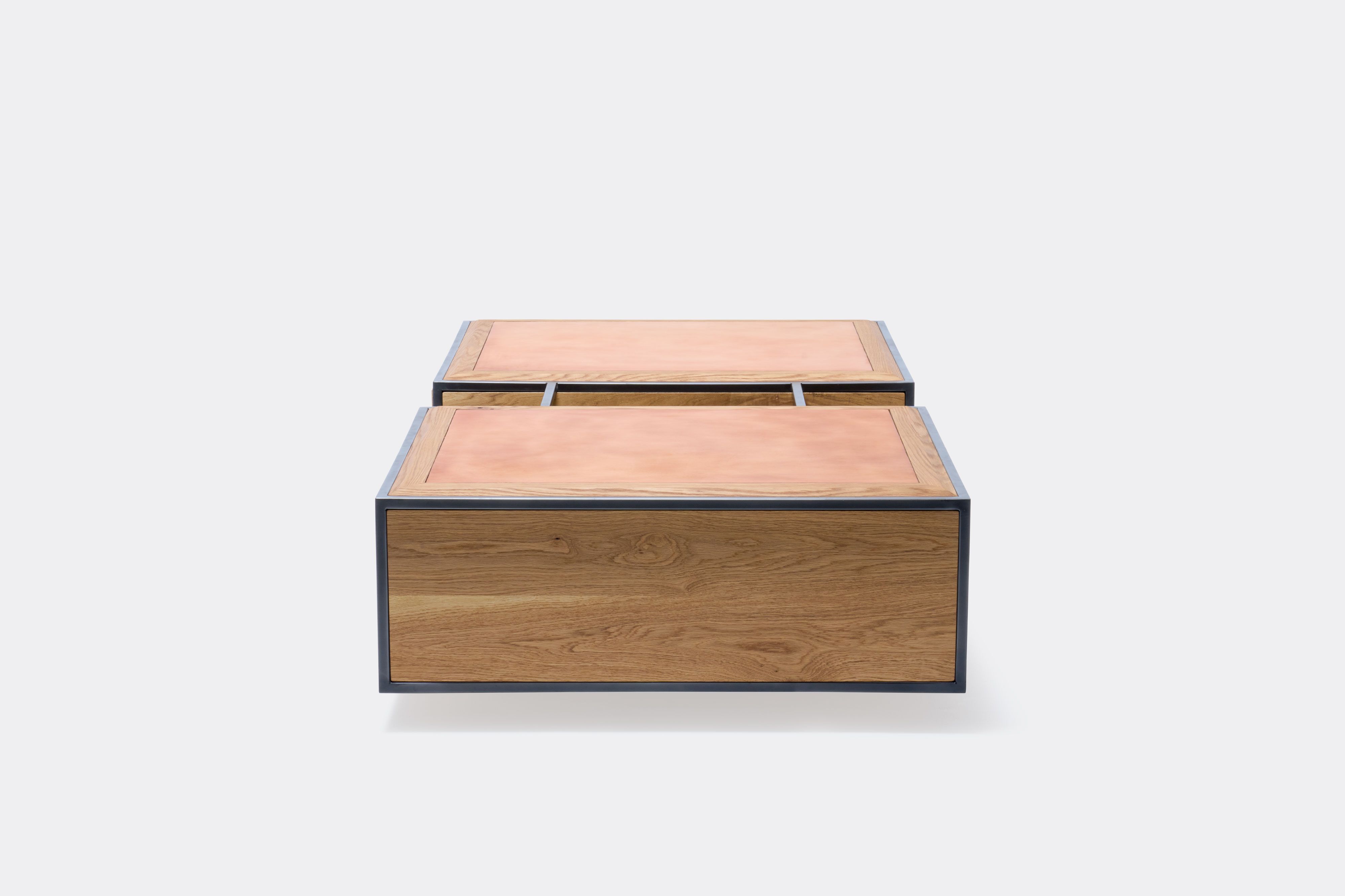 double display coffee table with white oak wood, blackened steel metal and leather top