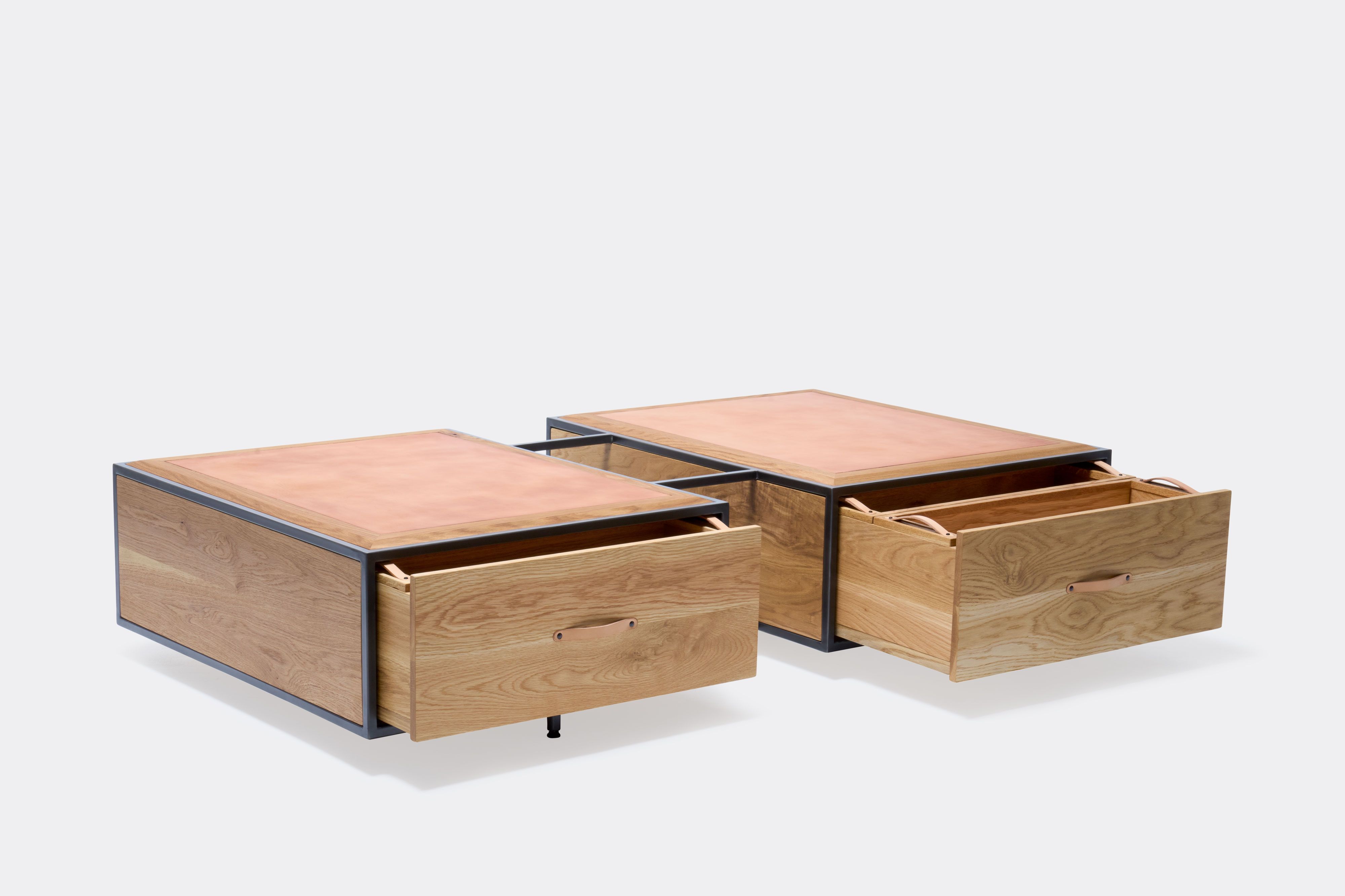 double display coffee table with white oak wood, blackened steel metal and leather top