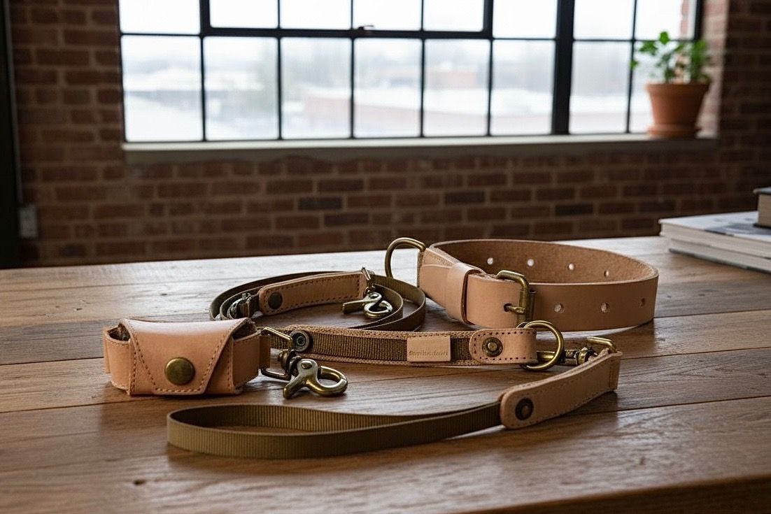 Natural leather and canvas dog collar, leash, and pouch on a wooden table.