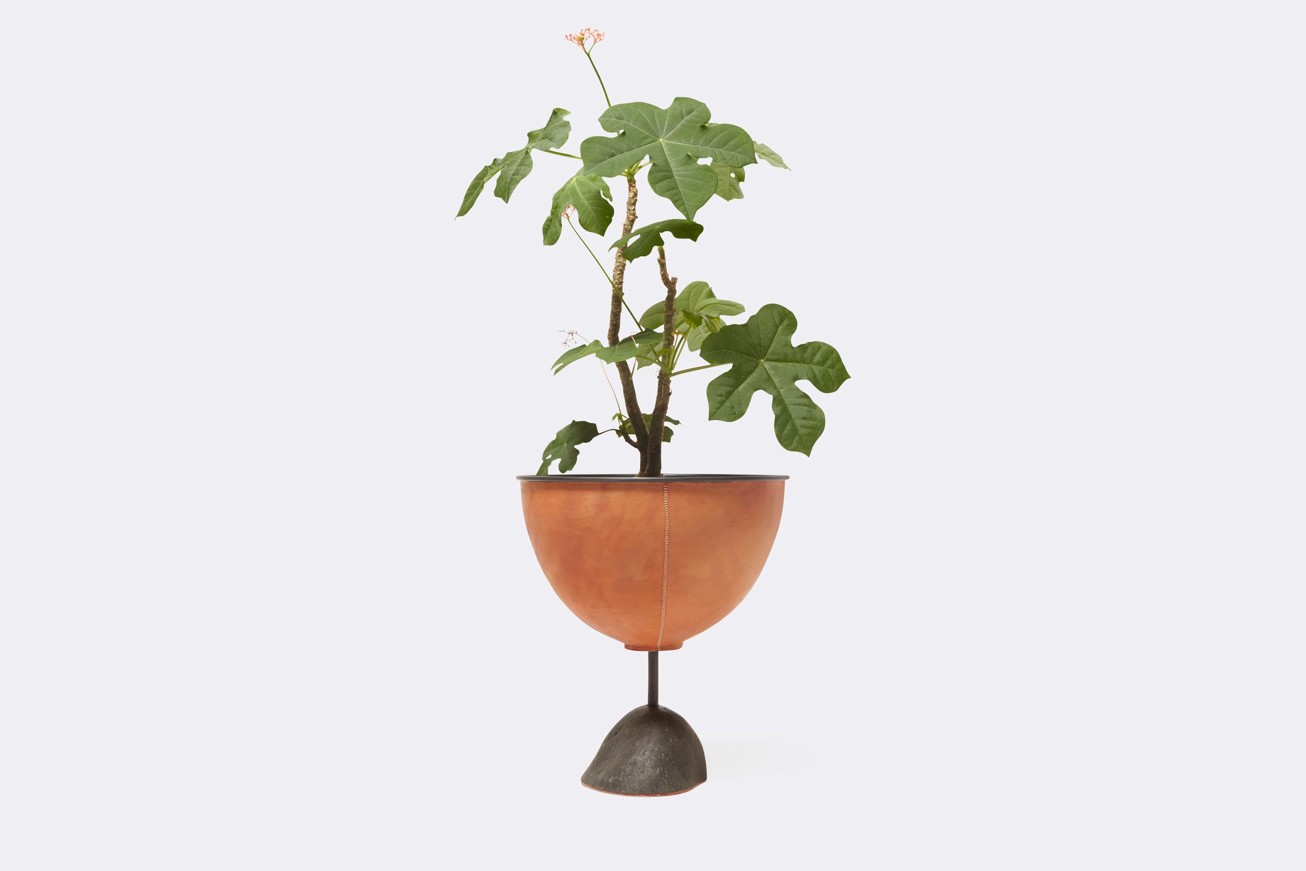 a leather wrapped steel planter with a steel and stone base shown on a white background .